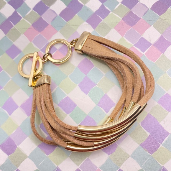 Suede Leather Toggle Clasp Gold Bar Beads Bracelet Bohemian 7'-8" - Picture 6 of 6